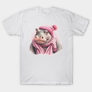 Adorable cute Hippo wearing a pink hat and scarf T-Shirt